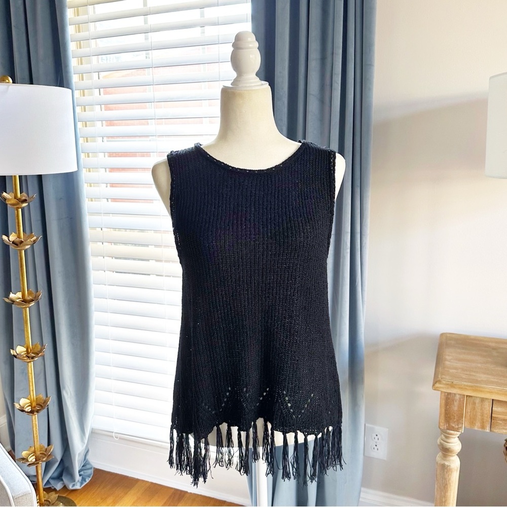 Anthropologie Pepin Sweater Knit Fringe Tank Black Size M